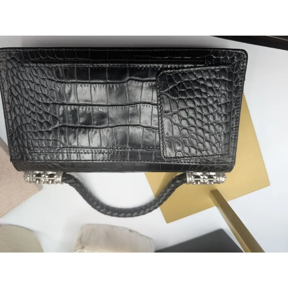 Brighton Black Croc Embossed Leather Organizer Wallet Clutch with Handle